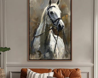 White Horse Portrait Framed Wall Art, Vintage Horse Wall Decor, Farmhouse Canvas Art, Rustic Animal Canvas Decor, Natural Large Canvas Print