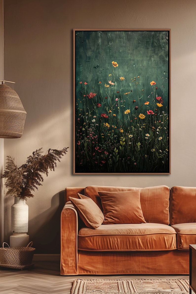 Wildflower Field Framed Wall Art, Vintage Botanical Landscape Sign, Floral Decor, Modern Farmhouse Canvas Art, Field Of Flowers Canvas Print