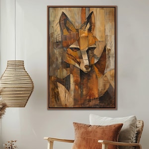 Abstract Fox Framed Wall Art, Abstract Geometric Fox Portrait Wall Decor, Vintage Animal Canvas Art, Rustic Farmhouse Canvas Print Gifts