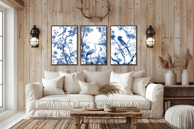 Blue Chinoiserie Framed Wall Art, Botanical Set of 3 Wall Decor ...