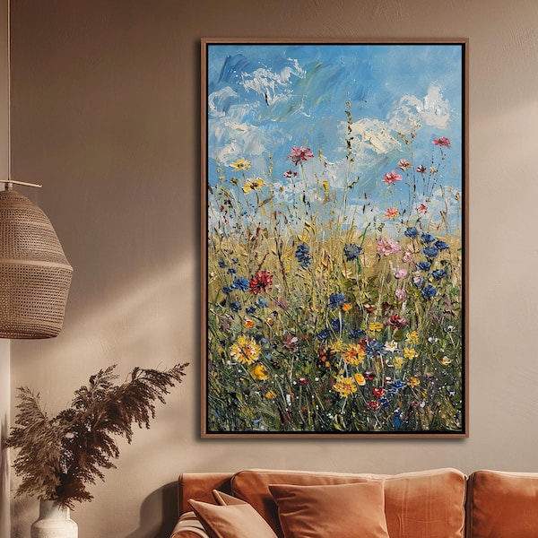 Arte de pared enmarcado de campo de flores silvestres de primavera, Decoración de pared floral vintage, Arte de lienzo de paisaje botánico, Impresión grande de lienzo de granja de flores