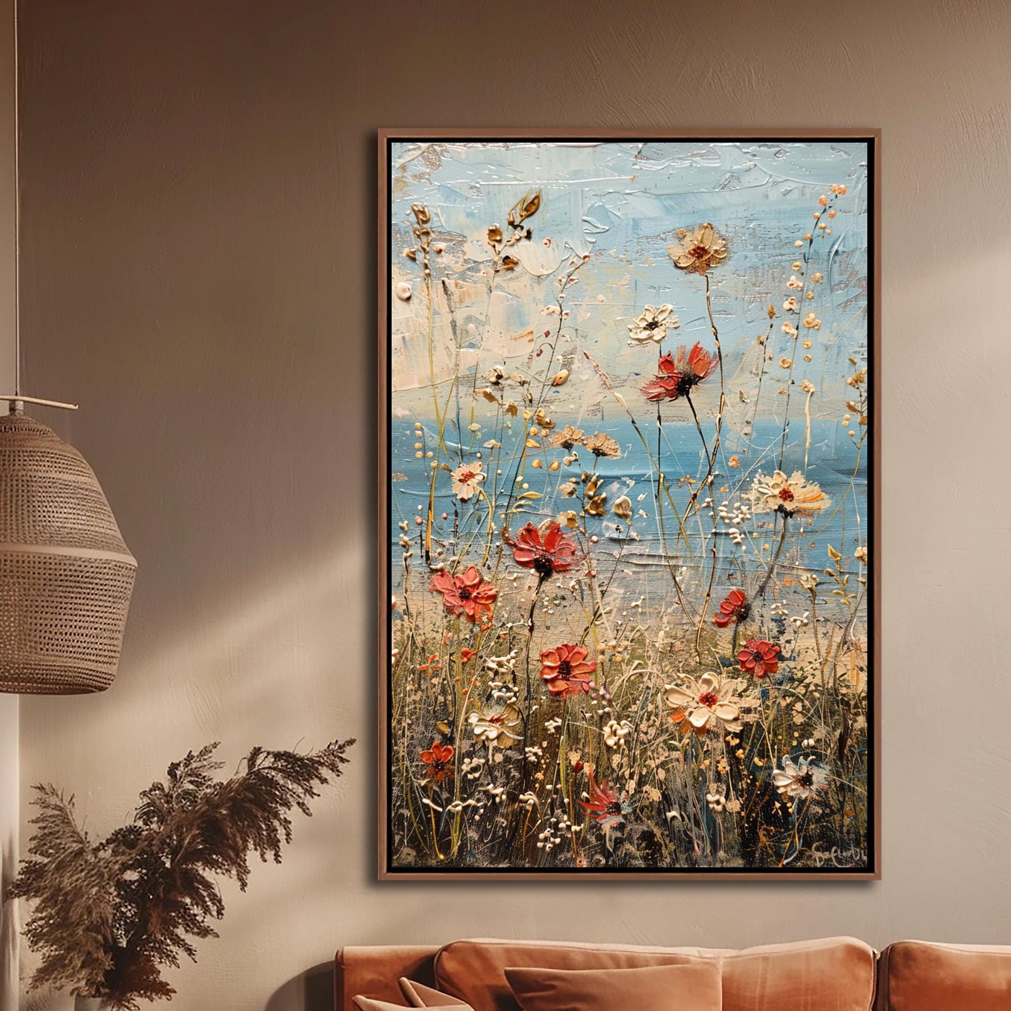 Field Of Flowers Framed Wall Art, Vintage Wildflowers By The Sea Landscape Decor, Spring Coastal Canvas Art, Rustic Farmhouse Canvas Print