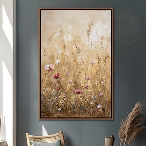 Op de afbeelding: Een schilderij van een veld met wilde bloemen in tinten roze, wit en bruin. De bloemen zijn geschilderd in een losse, impressionistische stijl, met de nadruk op het algemene effect van het veld in plaats van individuele bloemen.