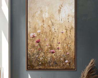 Wildflower Field Wall Art, Vintage Botanical Framed Canvas Art, Rustic Farmhouse Wall Decor, Abstract Floral Living Room Large Canvas Print