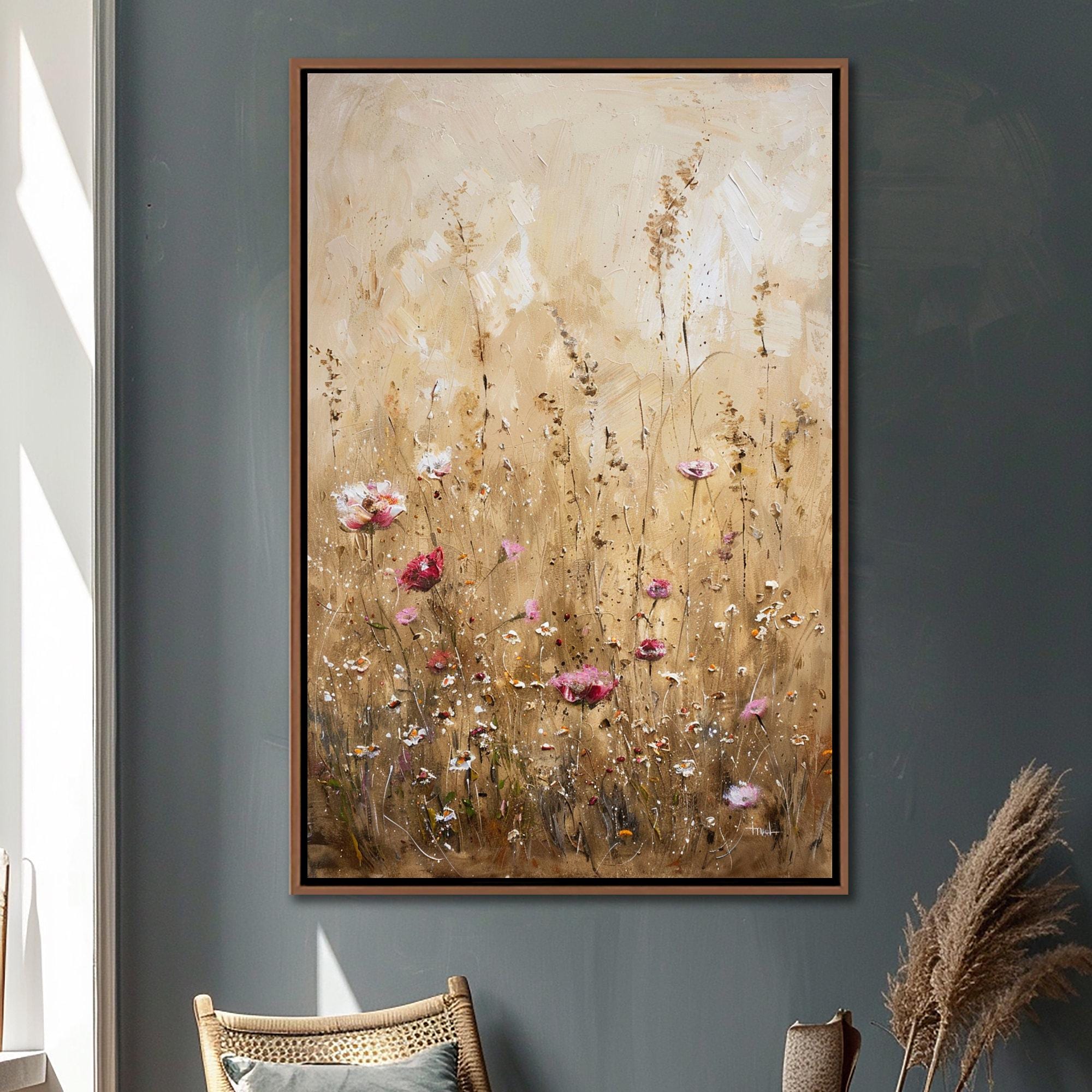 Wildflower Field Wall Art, Vintage Botanical Framed Canvas Art, Rustic ...