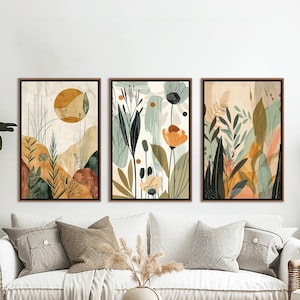 Abstract Botanical Set Of 3 Wall Decor, Vintage Floral Landscape Wall Art, Flower Modern Farmhouse Canvas Art, Minimalist Large Canvas Print