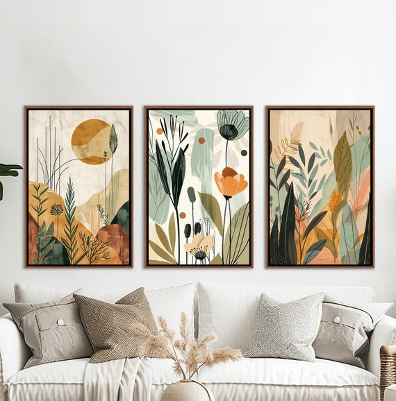 Abstract Botanical Set Of 3 Wall Decor, Vintage Floral Landscape Wall Art, Flower Modern Farmhouse Canvas Art, Minimalist Large Canvas Print