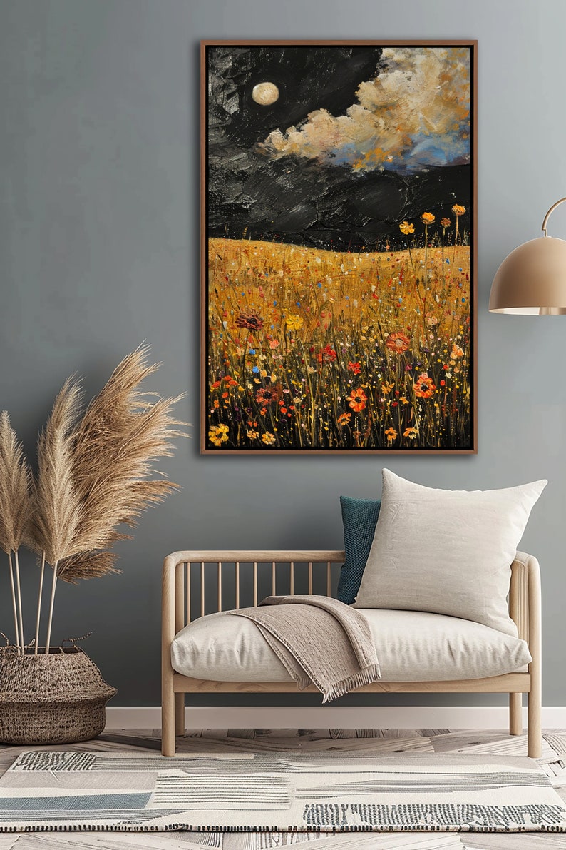 Puede incluir: Una pintura de un campo de flores silvestres bajo un cielo oscuro con luna llena. Las flores son en tonos de amarillo, naranja, rojo y morado. El cielo es azul oscuro con algunas nubes blancas. La luna es un c&iacute;rculo blanco brillante.