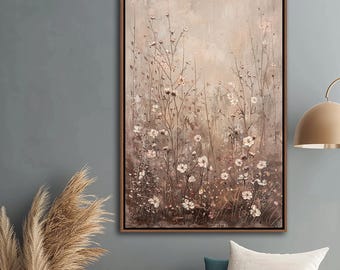 Wildflowers Field Framed Wall Art, Vintage Spring Flowers Wall Decor, Botanical Canvas Art, Flowers Landscape Canvas Print, Farmhouse Decor