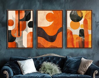 Abstract Set Of Three Wall Art, Boho Home Wall Decor, Vintage Living Room Canvas Art, Minimalist Canvas Decor, Gallery Canvas Large Print
