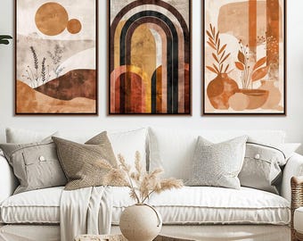 Earth Tone Abstract Wall Art, Rustic Landscape Farmhouse Set Of 3 Wall Decor, Minimalist Rainbow Home Decor, Modern Botanical Canvas Print