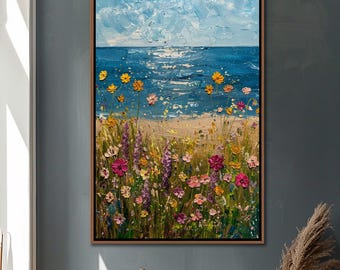 Wildflowers Field Coastal Framed Wall Art, Spring Floral Decor, Seascape Home Canvas Art, Botanical Canvas Decor, Vintage Farmhouse Decor