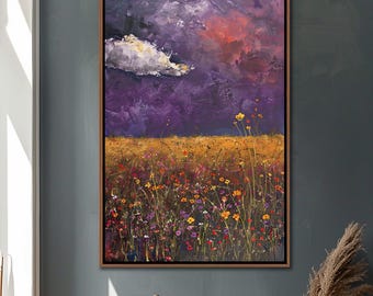 Spring Wildflowers Wall Art, Wildflowers Landscape Framed Canvas Art, Botanical Decor, Minimalist Living Room Decor, Farmhouse Canvas Print