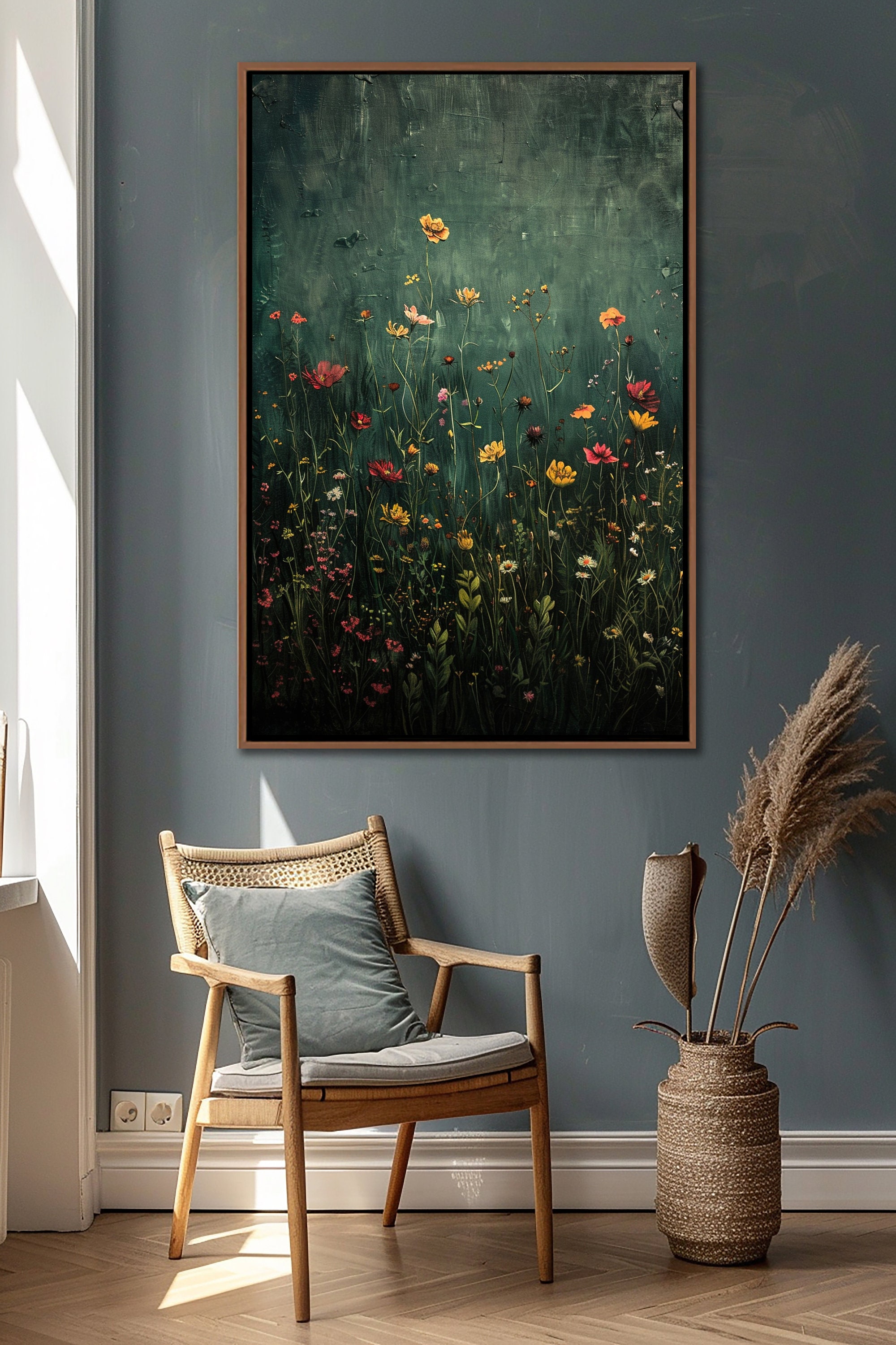 Wildflower Field Framed Wall Art, Vintage Botanical Landscape Sign, Floral Decor, Modern Farmhouse Canvas Art, Field Of Flowers Canvas Print