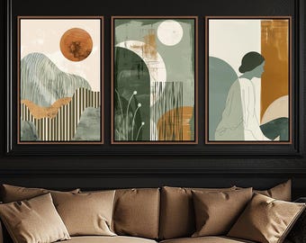 Abstract Green Framed Wall Art, Vintage Moon Living Room Wall Decor, Modern Farmhouse Canvas Art, Minimalist Set Of Three Large Canvas Print