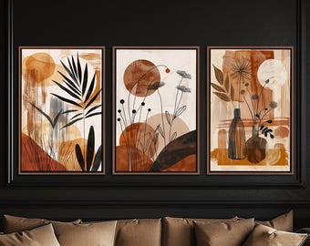 Abstract Floral Framed Wall Art, Boho Set Of 3 Decor, Modern Living Room Canvas Art, Minimalist Gallery Canvas Decor, Rustic Canvas Print