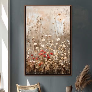 Abstract Wildflowers Field Wall Art, Vintage Floral Framed Canvas Art, Rustic Farmhouse Wall Decor, Botanical Landscape Large Canvas Print