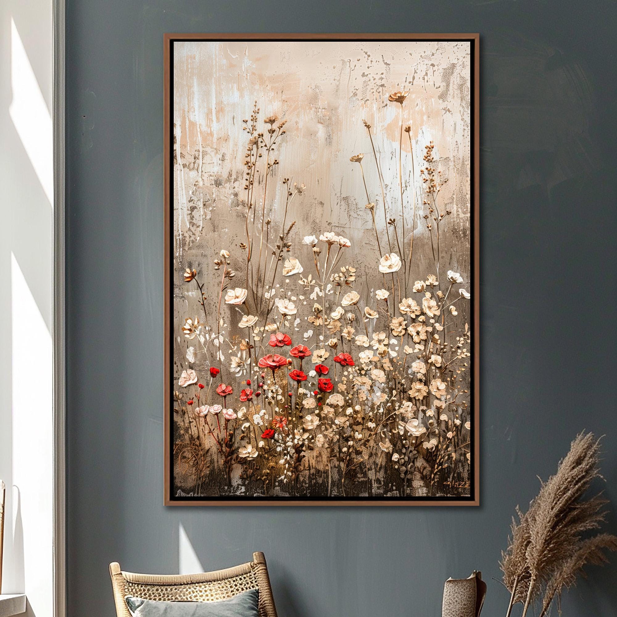 Abstract Wildflowers Field Wall Art, Vintage Floral Framed Canvas Art, Rustic Farmhouse Wall Decor, Botanical Landscape Large Canvas Print