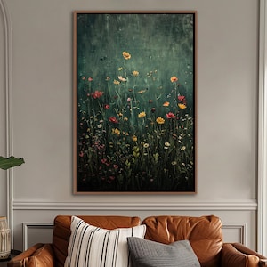 Wildblumenfeld gerahmte Wandkunst, Vintage botanische Landschaftsschild, Blumendekor, moderne Bauernhaus-Leinwandkunst, Feld der Blumen Leinwanddruck