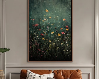 Wildflower Field Framed Wall Art, Vintage Botanical Landscape Sign, Floral Decor, Modern Farmhouse Canvas Art, Field Of Flowers Canvas Print