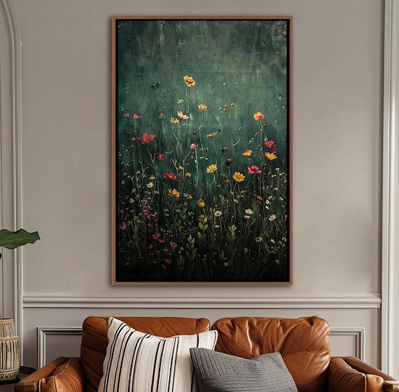Wildflower Field Framed Wall Art, Vintage Botanical Landscape Sign