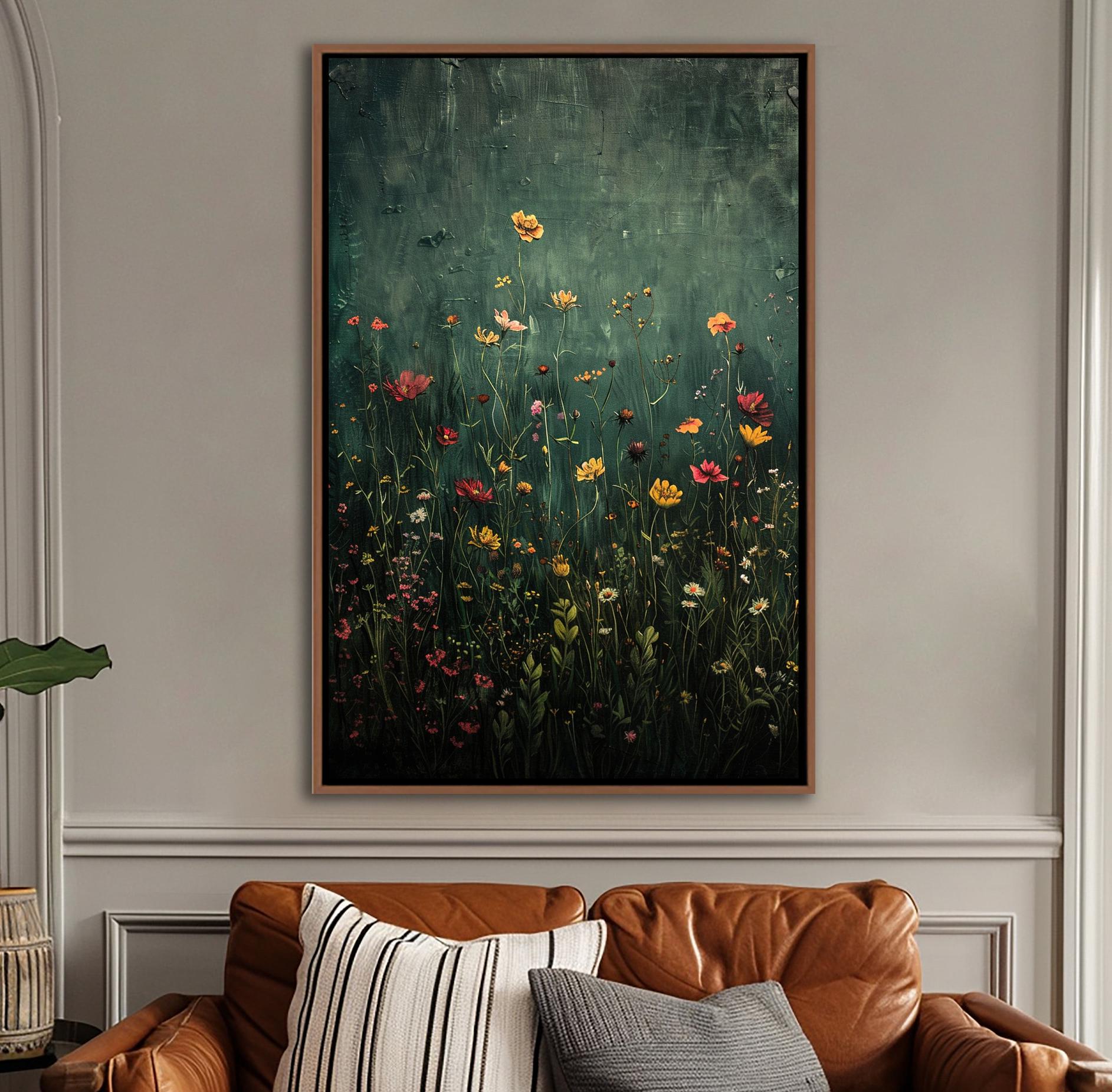 Wildflower Field Framed Wall Art, Vintage Botanical Landscape Sign, Floral Decor, Modern Farmhouse Canvas Art, Field Of Flowers Canvas Print