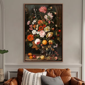 Still Life With Flowers And Fruits Wall Art, Vintage Farmhouse Wall Decor, Rustic Floral Framed Canvas Art, Flowers Living Room Canvas Print