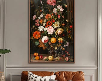 Still Life With Flowers And Fruits Wall Art, Vintage Farmhouse Wall Decor, Rustic Floral Framed Canvas Art, Flowers Living Room Canvas Print