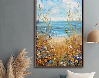 Coastal Wildflowers Framed Wall Art, Vintage Flowers Wall Decor, Seaside Canvas Art, Rustic Beach House Decor, Floral Large Canvas Print