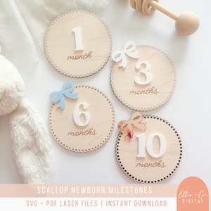 Baby Monatliche Meilensteine, Photo Prop | Runde Jakobsmuschel-Design | Neugeborene monatliche Meilensteinkarten | SVG Laser Cut Dateien für Glowforge, Aeon, Mira