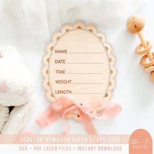 Jakobsmuschel Baby Geburtsdaten Schild, Photo Prop | Neugeborenes Geburt offenbaren Zeichen | SVG-Laserdateien für Laserschneidmaschinen