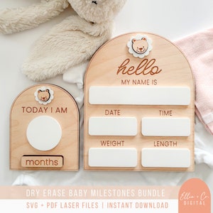 Trocken abwischbare Baby-Geburtsinformationen und austauschbare Meilensteine des Babys | SVG Digitale Dateien für Lasermaschinen | SET