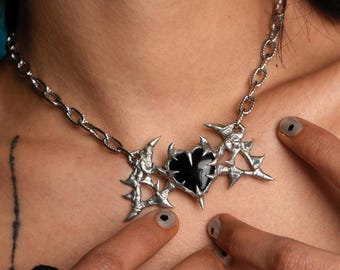 Spiky Bat Wing Pendant Necklace with a Heart Onyx, Spooky Y2K Alt Jewelry