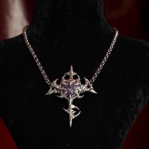 Spiky Amethyst Sword Pendant Necklace: Cyber Goth Y2K Jewelry