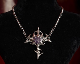 Spiky Amethyst Sword Pendant Necklace: Cyber Goth Y2K Jewelry