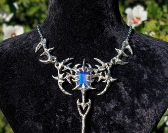 Cybersigilism Choker with a Purple Crystal Sword Pendant: Cyber Y2K Goth Jewelry