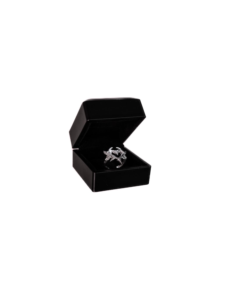 Puede incluir: Un anillo de plata con un dise&ntilde;o delicado se muestra en una caja de anillo negra.