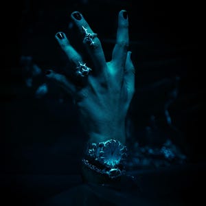 Puede incluir: Una mano con varios anillos de plata y una pulsera de plata con un dise&ntilde;o floral. La mano est&aacute; iluminada con una luz azul sobre un fondo oscuro.