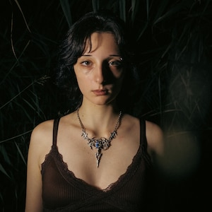 May include: A silver-toned necklace with a central blue stone and ornate, stylized wing-like designs. The necklace is worn over a brown top with lace trim. The background is dark with green foliage.