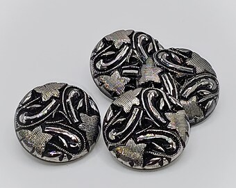 Set of 4 vintage black glass buttons with silver luster