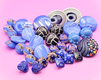 Variety of vintage blue glass buttons, 36 total