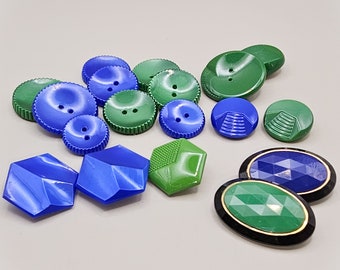 18 vintage blue and green glass buttons