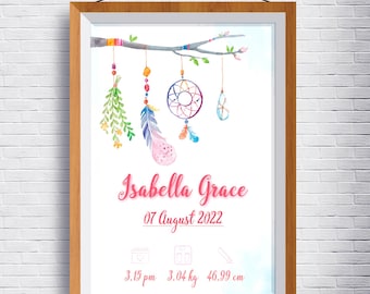 May include: A framed print featuring a watercolor illustration of a tree branch with hanging charms, including a dreamcatcher, a feather, and greenery. The text reads Isabella Grace, 07 August 2022, 3.15 pm, 3.04 kg, and 46.99 cm with small icons.