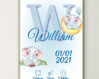 May include: A personalized nursery wall art print featuring a large blue letter W, the name William, and two watercolor elephants. One elephant sits on a yellow crescent moon with a balloon, while the other plays with a red toy car. Includes birth date 01/01/2021, time 7:04am, length 52cm, and weight 3.390kg.