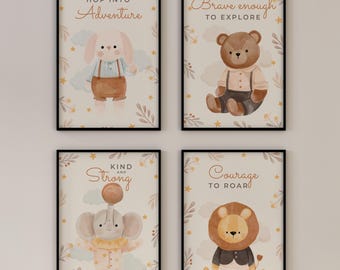 May include: A set of four framed wall art prints featuring watercolor illustrations of a rabbit, bear, elephant, and lion. Each print includes text: Hop into Adventure, Brave enough to EXPLORE, KIND AND Strong, and Courage TO ROAR, with stars and leaves.