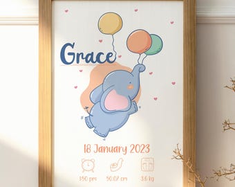 May include: A framed print featuring a blue elephant holding three balloons in yellow, orange, and green. The text reads Grace, 18 January 2023, 1:50 pm, 50.07 cm, and 3.6 kg, accompanied by icons of a clock, measuring tape, and a scale.