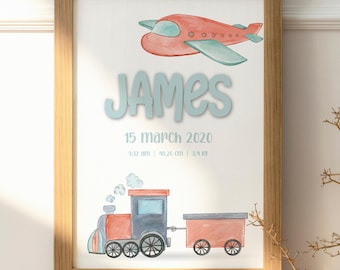 May include: A framed print featuring a watercolor illustration of a red airplane and a red and blue train. The text reads JAMES, 15 march 2020, 9:32 am, 48.26 cm, 3.4 kg. The print is enclosed in a light brown wooden frame with a simple rectangular design.