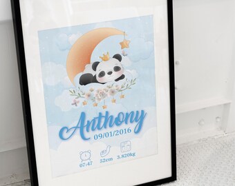 May include: A framed print featuring a panda wearing a gold crown, resting on a crescent moon amidst clouds and stars. The text reads Anthony, 09/01/2016, 07:47, 52cm, and 3.820kg, accompanied by icons of a clock, a measuring tape, and a scale.