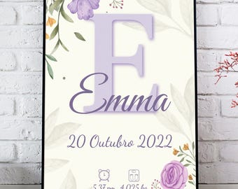 May include: A rectangular wall print in a black frame featuring a large purple letter E and the name Emma in purple script. The design includes purple floral illustrations, the date 20 Outubro 2022, a clock icon with 5.37 pm, and a scale icon with 4.025 kg.