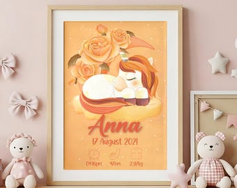 May include: A framed wall print featuring a sleeping unicorn on a cloud with orange roses, the name Anna, the date 17 August 2021, and birth details including 04:16pm, 47cm, and 2.97kg, all set against a soft orange background with stars.
